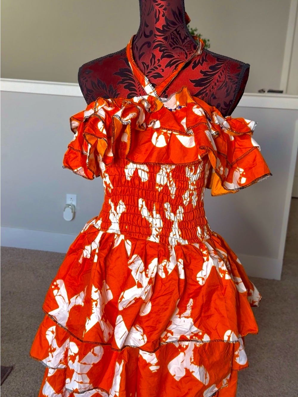 Orange and White Ruffled Tiered Summer Dress